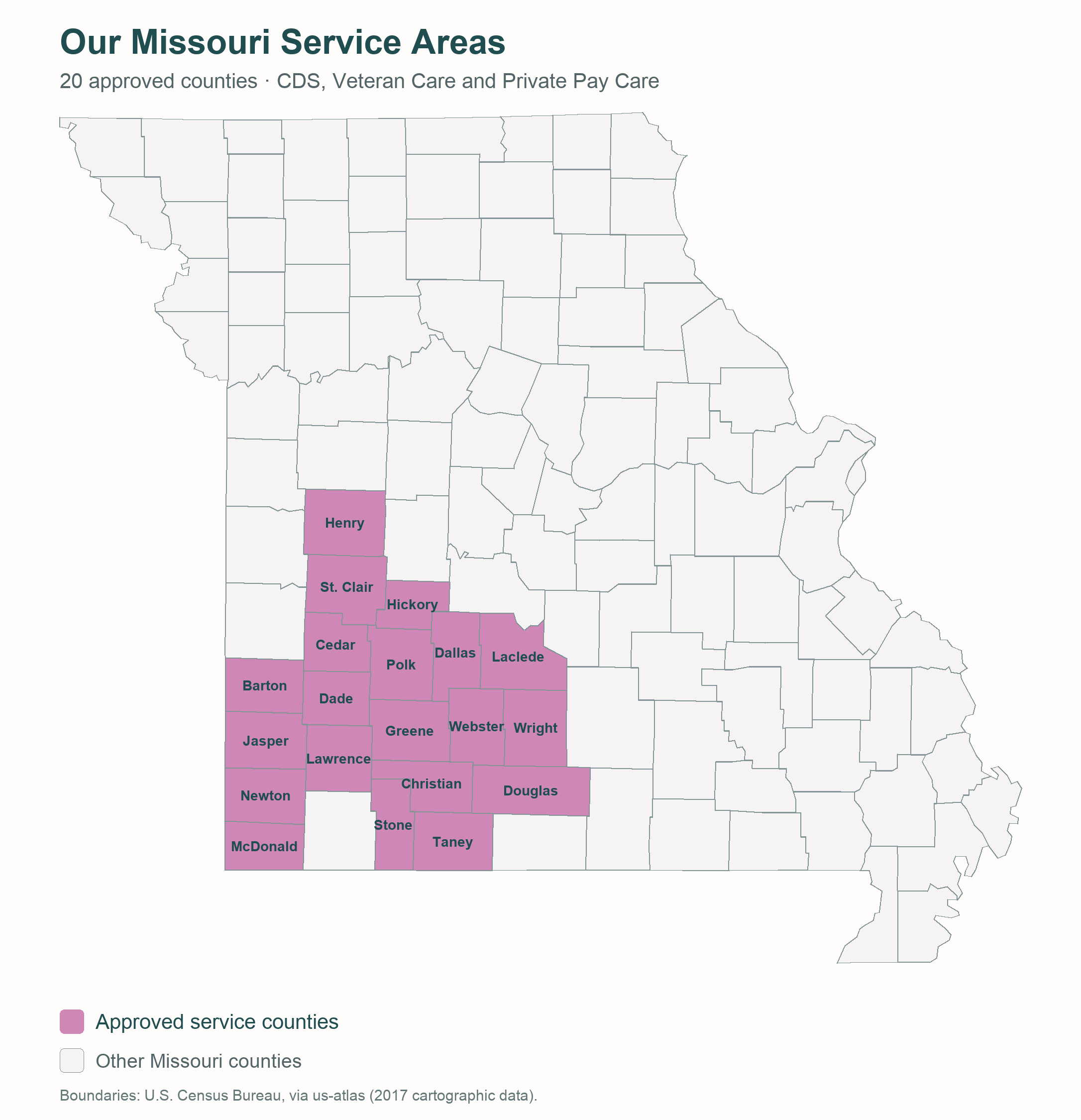 Missouri county boundaries, with CareWay CDS’s 20 approved counties highlighted pink